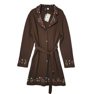 Vintage Jason Maxwell Floral Embroidered Cardigan Brown Belted Sweater XL Boho